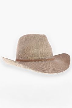 Get ready to make a statement this spring and summer season with our Hello Vegas Gold Sequin Cowboy Hat ! This stylish and trendy hat is the perfect accessory to add a touch of sparkle to any outfit. Embellished in gold sequins, this lightweight and woven cowboy hat features an adjustable interior band and a vegan leather band. No matter where your adventures take you, this sequin hat will step up the fun and ensure you shine wherever you go.   Features:   Embellished in gold sequins for a perfect sparkle all season long. 
Lightweight and woven, making it comfortable to wear all day. 
Adjustable interior band for a customized and secure fit. 
Vegan leather band adds a touch of style and durability. 
The perfect accessory to make a statement and add fun to any outfit.  Hello Vegas Gold Sequ Sequin Cowboy Hat, Fit Vegan, Sequin Hat, Jumper Denim, Trendy Hat, Baseball Outfit, Graphic Tee Dress, Gold Sequins, Mink Pink