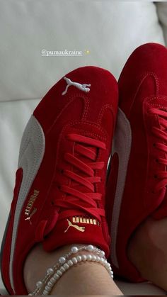 Red Pumas Shoes Outfit, Red Puma Shoes, Funky Shoes, Fresh Shoes, Hype Shoes, Shoe Inspo, Girly Shoes