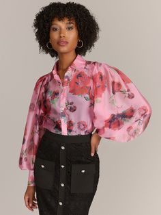 Pleated Chiffon Blouse, Bold Floral Print, Floral Print Blouses, Sheer Fabric, Chiffon Blouse, Crop Blouse, Print Blouse, Sheer Fabrics, Floral Blouse