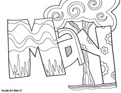 the word mom is made up of flowers and clouds in black and white coloring pages