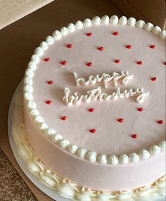 a birthday cake with the words happy birthday written on it in red and white frosting