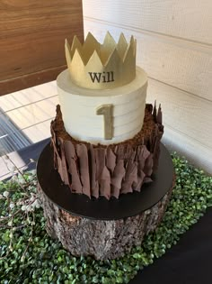 a cake that is on top of a tree stump with the number one on it