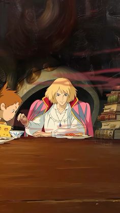 two anime characters sitting at a table with books