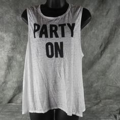 Chaser "Party On" Jersey Graphic Tank Muscle Tee T Shirt New With Tag White With Black Print "Party On" Women's Size Medium The Party On Muscle Tank By Chaser Features A Super Soft Distressed Cotton Blend Fabrication In A Sleeveless Style. This Item Is Slightly Sheer, So Be Sure To Pair It With Your Favorite Bralette. Relaxed Fit. Hand Wash Cold. 50% Cotton/50% Polyester. Made In Usa. Stock Photos. If You Want To See Pics Of The Item, Please Request Them From Us Prior To Purchasing. Colors May A Sleeveless Text Print T-shirt For Summer, Spring Sleeveless Tops With Text Print, Sleeveless Spring Tops With Text Print, Stretch T-shirt With Letter Print For Party, Stretch Crew Neck Tank Top For Party, Trendy Sleeveless Tops For Party Season, Graphic Print Tank Top For Summer Parties, Summer Party Tank Top With Graphic Print, Spring Crew Neck Tank Top With Text Print