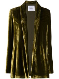 olive green velvet draped design notched lapels open front long sleeves Velvet Abaya, Velvet Jackets, Olive Green Velvet, Galvan London, Velvet Drapes, C Fashion, Velvet Sweater, Designer Blazers, Velvet Coat