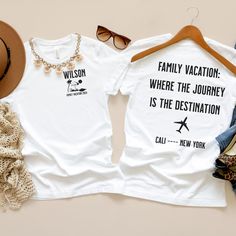 You will fall in love with our matching family vacation shirts. Our family vacations tees fit like a well-loved favorite and have a custom quality print. All orders ship within 2-5 days and are backed by our 100% happiness guarantee.  ✨OUR SHIRTS - Classic unisex jersey  - Direct to Garment Print  - Runs true to size  ✨PROCESSING TIMES Your order will ship within 2-5 days and then another 1-4 days for delivery to you. If we expect additional delays due to holidays or weather, we will let you know. Please contacts us for express shipping options.  ✨SIZING  Take a look at the photos to see a specific sizing chart for this t-shirt style. Please note that these shirts are unisex size meaning they are not women's fitted shirts. If you're going for a more fitted look, we suggest sizing down. If Graphic Tee T-shirt For Family Vacation, Cotton Letter Print T-shirt For Family Vacation, Family Vacation T-shirt With Custom Print, Short Sleeve Tops For Family Reunion And Vacation, Casual T-shirt For Family Reunion Vacation, Short Sleeve Tops For Family Reunion Vacation, White Crew Neck T-shirt For Travel, Vacation Letter Print Tops For Family Reunion, Graphic Print Top For Family Reunion Vacation