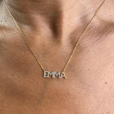 "This 14k personalized diamond name necklace is the perfect gift for the bridal party, someone special, or yourself. * All letters are capital. M A T E R I A L & L E N G T H Available in 14k Yellow Gold, 14k Rose Gold, 14k White Gold, Sterling Silver Thickness: 1.2mm / 0.05\" Initials: 6 mm Diamond: 0.15 ct. - 0.40 ct. depending on the name Color: G Quality: SI-VS Additional Notes: * Non-Conflict Diamonds * Made in the USA C U R R E N T ∙ T U R N A R O U N D Processing Time:1-2 weeks Within 14k Gold Diamond Initials Necklace For Anniversary, 14k Gold Diamond Necklace With Initials For Anniversary, 14k Gold Diamond Necklace For Anniversary With Initials, Diamond Necklace With Diamond Accents For Birthday, Gift Nameplate Necklace With Diamond Accents, Anniversary Name Necklace With Diamond Accents In Cubic Zirconia, Anniversary Name Necklace With Diamond Accents And Cubic Zirconia, Diamond Accented Nameplate Necklace For Gift, Gift Diamond Accents Initial Pendant Name Necklace