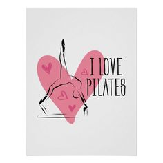 a pink heart with the words i love pilates in black lettering on it