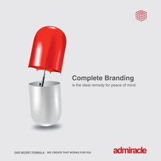 an ad with a red umbrella sticking out of the top of a white cup in front of a gray background