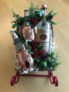 Vodka Christmas Gifts, Tito’s Vodka Gift Basket, Christmas Booze Basket, Liquor Basket Ideas Christmas, Tito’s Gift Basket, Tequila Christmas Gift Ideas, Neighbor Christmas Gifts Alcohol, Booze Basket Ideas Christmas