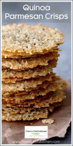 quinoa parmesan crispes stacked on top of each other with text overlay