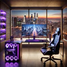 a room with a desk, chair and large window overlooking the city at night time