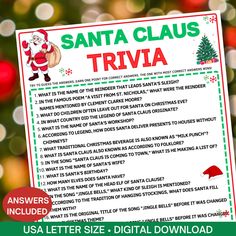 a santa claus trivia is shown in front of a christmas tree