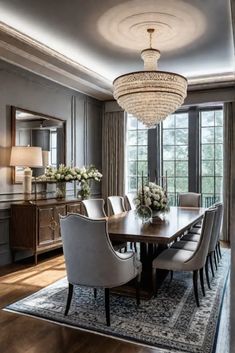 an elegant dining room with chandelier and chairs