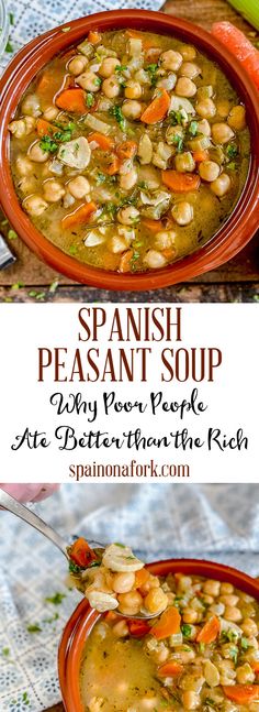 two bowls of spanish pea soup with beans and carrots