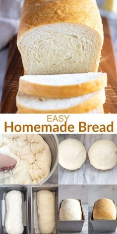 the steps to make homemade bread are shown in this collage, including loafs and buns