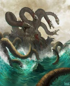 an octopus attacking a giant squid in the ocean with other large creatures around it,