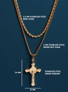 SET OF 2 NECKLACES one gold rope chain necklace and one gold cross necklace - Necklace set for men - 10k Gold plated Stainless steel rope chain & gold crossBy popular demand we now offer the two most sold items that customers buy together and at a discount ($10 off buying them together).This set includes:-Stainless Steel Silver Crucifix necklace w/10k gold plating: ($38)-2mm Stainless Steel Rope Chain w/10k gold plating: ($32)BUY BOTH FOR $60 ($10 savings)Material:Stainless Steel w/10k gold plat