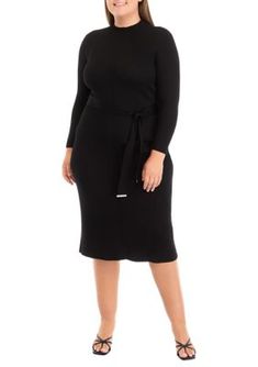 Indulge in effortless style with this elegant midi dress. Its soft rayon-polyester blend provides comfort, while the pullover closure and cinched waist flatter your figure. The mock neck adds a touch of sophistication, making it perfect for casual occasions. Available in various sizes, this dress empowers you to embrace your curves and feel confident. | Sandra Darren Women's Plus Size Long Sleeve High Neck Belted Fit and Flare Dress, Black, 2X Elegant Midi Dress, Elegant Midi Dresses, Cinched Waist, Fit And Flare Dress, Feel Confident, Flare Dress, Effortless Style, Fit And Flare, Dress Black