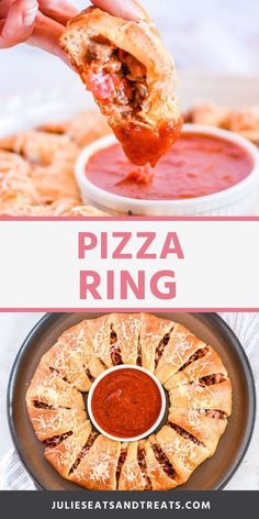 the pizza ring is being held up to take a bite out of it