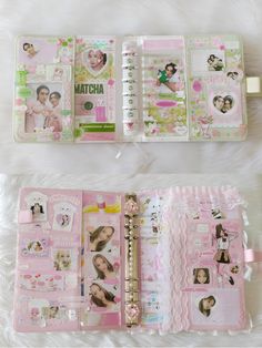 an open pink planner book with pictures on it