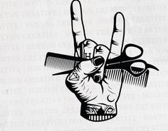 a black and white image of a hand with scissors in the shape of a peace sign