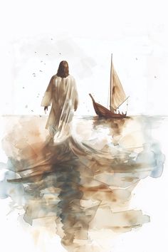 watercolor painting of jesus walking in the water with a boat on it's side