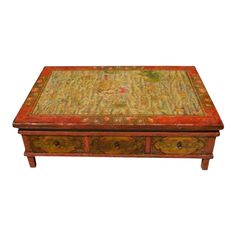 This is the most awesome coffee table! Gorgeous colors. It is wood & solid / sturdy. Heavy even with the drawers removed. The top has all different animals, hand painted possibly with dragons & such. This appears to be canvas, looking at the edges, which does have some wear. 6 drawers all with metal pull rings. I have no idea on the age or origin. Approx 47" x 32" x 15" high. Antique Coffee Tables, Acrylic Coffee Table, Orange Wood, Acrylic Table, Cool Coffee Tables, Wood Coffee Table, Coffee Table Vintage, Wooden Coffee Table, Asian Antiques