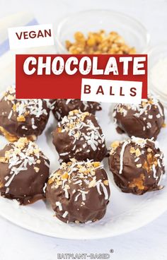 vegan chocolate balls on a white plate with a red sign that says, chocolate balls