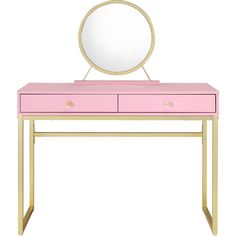 a pink and gold desk with a mirror on top