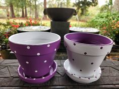 two purple and white flower pots sitting on top of a wooden table next to each other