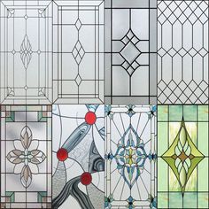 several different stained glass panels with designs on them