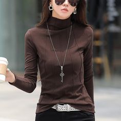 Women's Shirt Black Dark Green Brown Plain Long Sleeve Work Streetwear High Neck Regular M Brown Slim Fit Top For Workwear, Winter Workwear Tops In Slim Fit, Winter Workwear Slim Fit Tops, Slim Fit Winter Workwear Tops, Brown Plain, Casual Turtleneck, Winter T Shirts, Turtleneck T Shirt, Fitted Coat