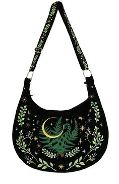 PRICES MAY VARY. Embroidered of fern leaves, stars, and a golden crescent moons. Stylish and very roomy. Adjustable strap decorated with intricate embroidery Pocket on the back and one extra pocket inside. 44 x 30 x 10 cm Velvet (100% polyester) Restyle Herbal Hobo Bag Crescent Moon Stars Fern Leaf Witchy Gothic Embroidered Fern Embroidery, Gothic Bag, Attitude Clothing, Embroidered Handbag, Fern Leaves, Fern Leaf, Sack Bag, Moon Stars