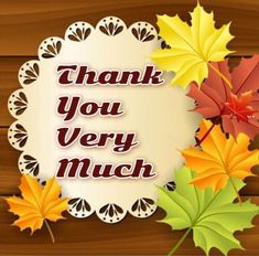 thank you very much card with autumn leaves and doily on wooden planks background