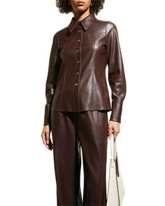 Women's Classic Leather Shirt In Coffee Brown Coffee Brown Color, Leather Shorts Women, Smart Casual Wear, Leather Jumpsuit, Shearling Vest, Studded Jacket, Distressed Jacket, Suede Coat, Leather Shirt