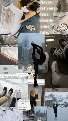 a collage of photos with people standing in the snow and one person wearing sneakers