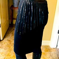 Waist Measures 14 Inches Lying Flat And Length Is 21 Inches Black Leather Pencil Skirt For Night Out, Black Leather Pencil Skirt For Fall, Black Fringe Skirt, Chic Black Bottoms With Fringe, Anthropologie Skirt, Wool Pencil Skirt, Leather Fringe, Anthropologie, Pencil Skirt