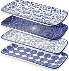 Selamica Ceramic Serving Platters, 14 Inch Serving Trays for Party Entertaining, Large Rectangular Serving Plates for Appetizer, Charcuterie, Dessert, Fruit, Gift, Set of 4, Vintage Blue Dishes For Party, Entertaining Appetizers, Appetizer Salad, Dessert Sushi, Modern Chinoiserie, Chanukah Decor, How To Celebrate Hanukkah, Small Candle Holders, Hanukkah Decorations