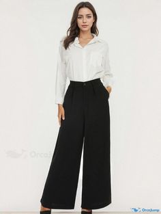 Orcajump - Solid Simple Pants, Casual High Waist Wide Leg Versatile Pants, Women's Clothing Casual Wide-leg Office Bottoms, Casual Wide-leg Pants For Office, Casual Wide-leg Office Pants, Non-stretch Wide Leg Harem Pants For Work, Casual Wide Leg Trousers For Work, Casual Wide Leg Office Dress Pants, Casual Wide Leg Dress Pants For Office, Casual High-waisted Dress Pants For Office, Non-stretch Wide Leg Dress Pants With Pockets