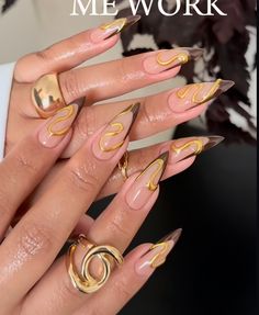 Fancy Neutral Nails, New Nail Art Designs Trends, Y2k Nails Almond, Sb Nails, Gold Nails French, Gold Chrome Nails, Chrome Nails Designs, Long Nail Designs, Nails Now