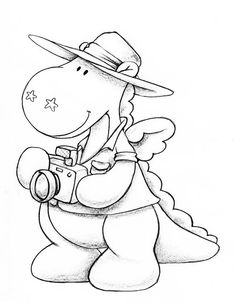 a drawing of a cartoon dinosaur with a hat and camera in his hand, wearing a fedora