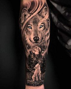 a man's arm with an image of a wolf and moon in the sky