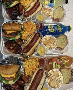 two trays filled with hot dogs, hamburgers and macaroni and cheese