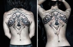 the back of a woman's body is covered in tattoos and features an image of a moth