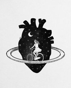 a black and white drawing of a woman riding a bicycle in the shape of a heart