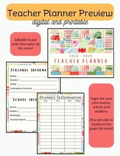 the teacher planner printable is shown in three different colors and font, along with an additional