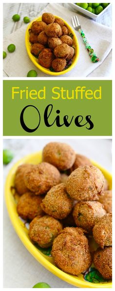 fried stuffed olives on a yellow plate with green peas