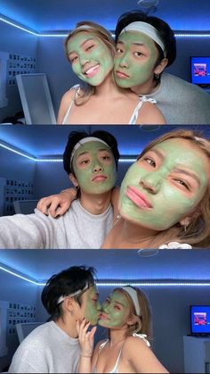 two women and one man are posing with their faces covered in green facial maskes