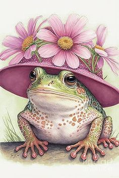 a frog wearing a pink hat with flowers on it